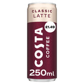 A 250ml can of Costa Classic Latte Coffee, a smooth ready-to-drink coffee, is available with a £1.49 price label on the front.